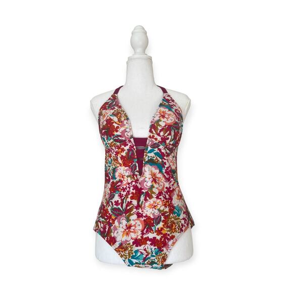 Mossimo Floral One Piece Halter Deep V-neck Open Back - Size M - Picture 1 of 5